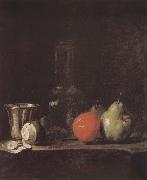 Jean Baptiste Simeon Chardin, Silver wine bottle lemon apple pear